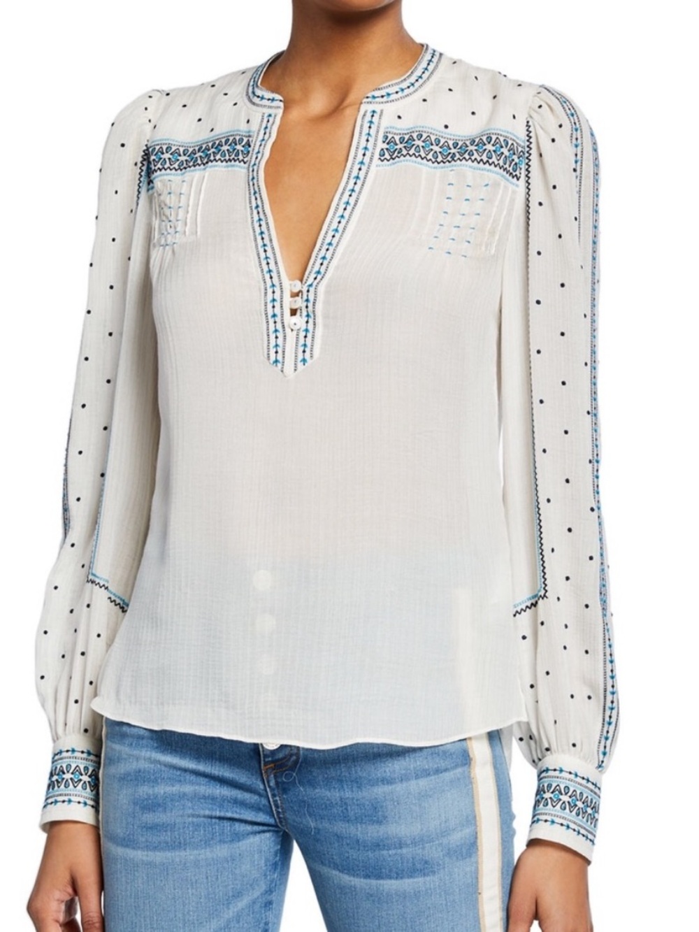 Veronica Beard Carta White Embroidered Silk Cotton Blouse Sz 6 Blue Boho Summer